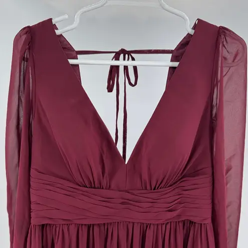 Azazie Norah Cabernet A12 bridesmaid dress sheer long puff sleeves flowy slit