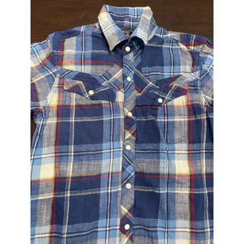 Broken Threads Blue Plaid Pearl Snap Western Shirt Small Coastal Cowgirl Flannel