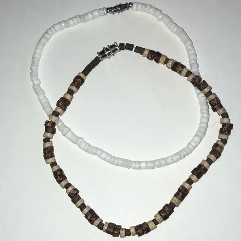 White and Brown Beaded Boho Ankle Bracelet Set