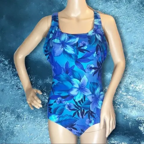 Speedo  Vintage 1990s Y2K One Piece Swimsuit Blue Floral 14