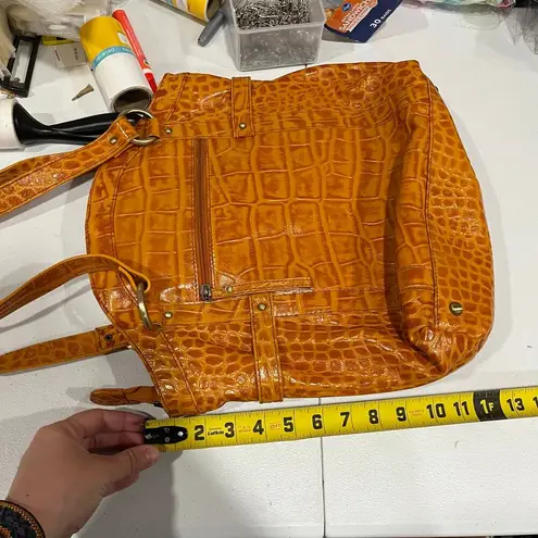 Michael Rome Designs Crocc Embossed Large Orange Leather Pockets Shoulder Bag