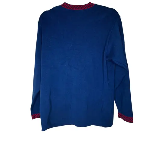 Navy Vtg Cardigan Sweater Red Checkerboard Trim Gold Buttons Sz Med Blue