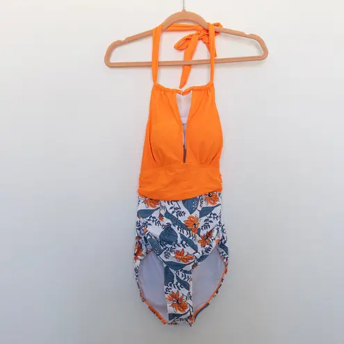B2Prity Womens Swimsuit Size M Orange Blue Floral Halter One Piece Retro Summer Size M