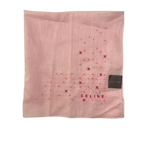 CELINE Pink Embroidered Cotton Handkerchief Scarf 100% Cotton Japan 19"