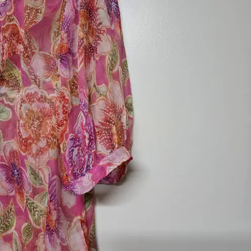 Johnny Was NWT Marcia Floral Pink Ruffle Silk Blouse Women Sz Large Missing Slip