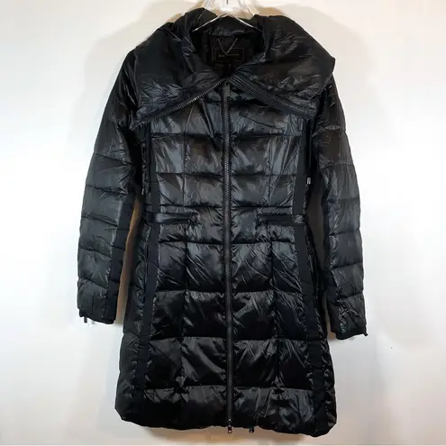 BCBG MAXAZRIA Long Puffer Coat Black Shiny Metallic Full Zip Size Small