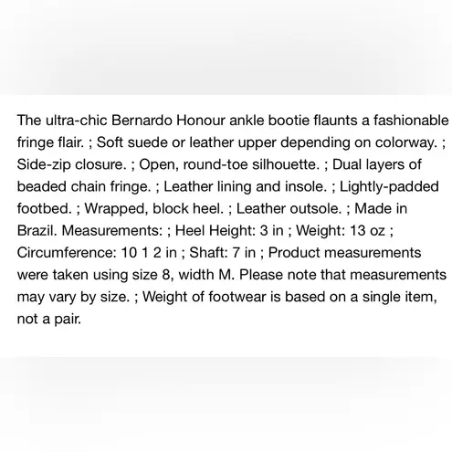 Bernardo Honour Ankle Boot w Metal Fringe Black Leather Bootie Women’s 7.5