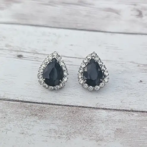 Vintage Clip On Earrings Black & Clear Gem Elegant