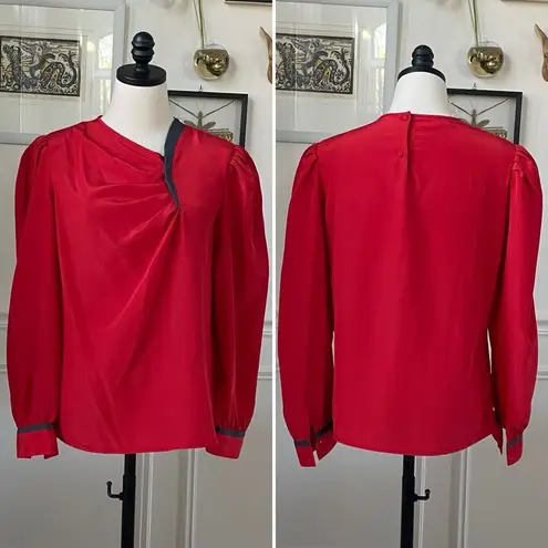 Vintage 80s Chaus Red Blouse Dark Grey Trim Asymmetrical Neck L Size L