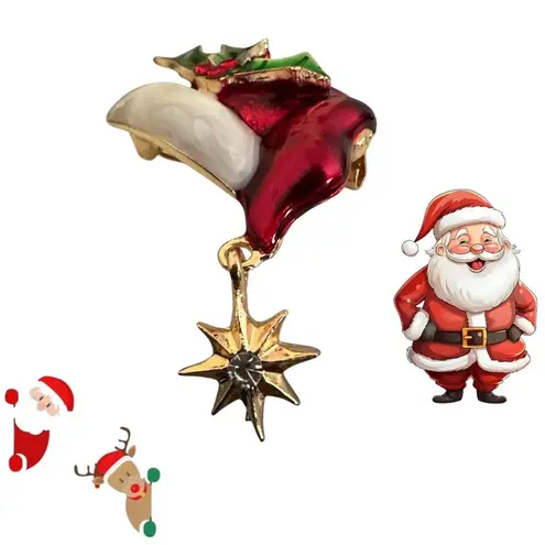 Santa Hat Brooch Pin Whimsical New Christmas Dangle Star Holly Berry Le… Red