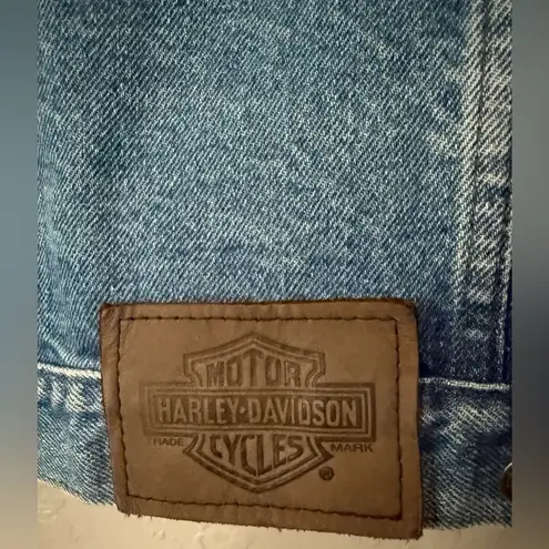 Harley Davidson Women Small Biker Bar Shield Crop Faded Light Blue Jean Jacket