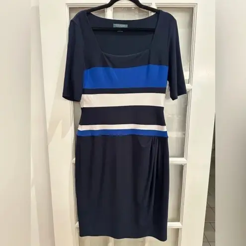 Ralph Lauren LRL Lauren  Navy Royal White Color-block Cocktail Midi Dress Size 10