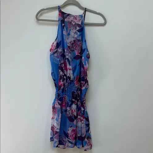 Becca Floral Smocked Waist Swim Coverup Dress Tropical Floral Blue Size Large