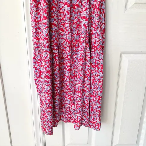 ZARA  Red Blue Floral Ruffle Shoulder Crepe Midi Tunic Prairie Dress Medium