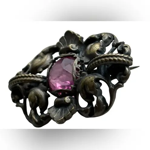Antique Victorian Paste Brooch Gothic Revival Dark Patina Metal Pink
