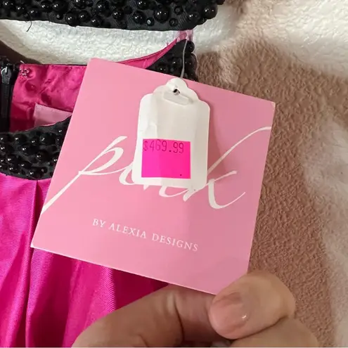 PINK by Alexia Designs 5611 black beaded hot pink satin two piece dress NEW 0