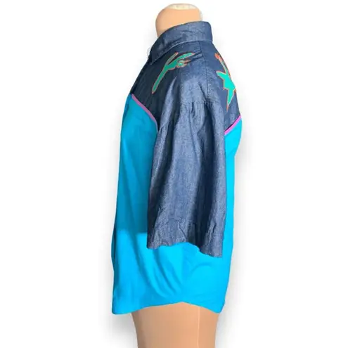 Vintage 90s Southwestern Appliqué Denim Button Up Shirt Gaucho Pants Set Medium Blue
