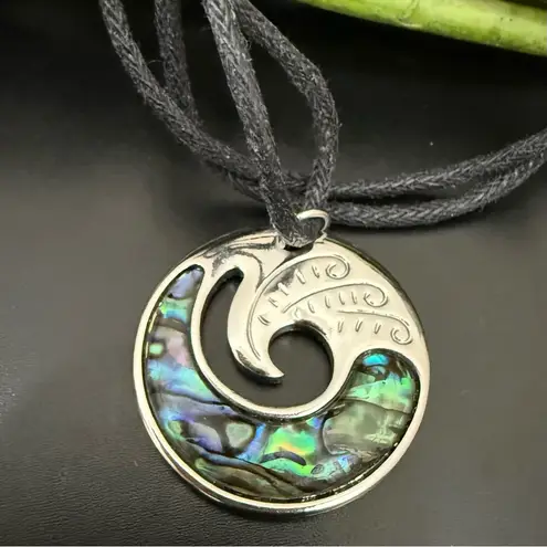 Abalone Shell Wave Silver Pendant Adjustable Cord Necklace 11g. Blue