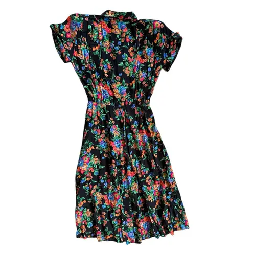 Vintage 80s Nina Piccalino Floral Button Down Shirt Dress Size 6 Black