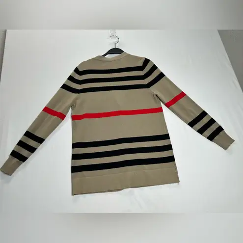 Elegant Beige and Black Striped Cardigan with Red Accents Tan Size M