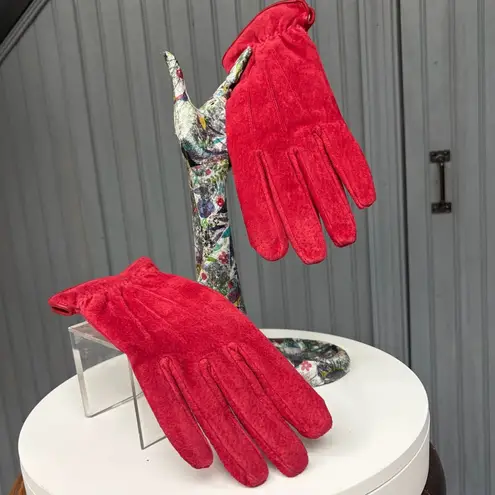 Vintage Red Suede Leather Winter Gloves | Soft Fleece Lining | Fits Large