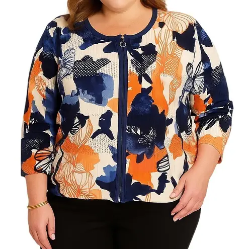 Gelco European Seaside Holiday Floral Long Sleeve Full Zip Cardigan Size M NWT Blue Size M