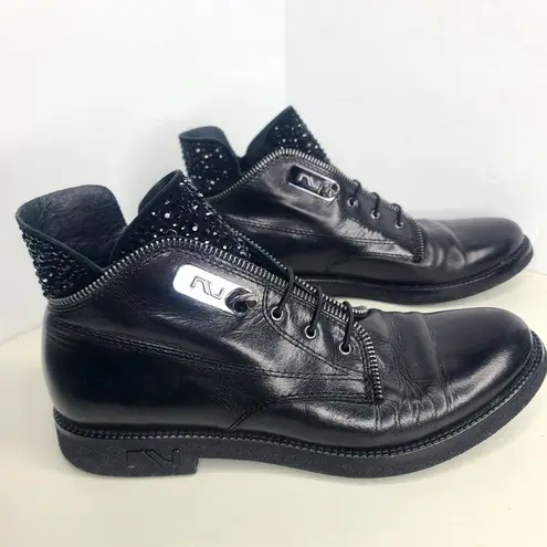 Nursace Womens Black Leather Slip On Rhinestone Ankle Boots Booties Sz EU 37