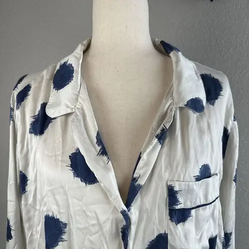 Eberjay Eberjey Women Button Up Long Sleeve Pajama Top Size XL White Blue Polka Dot Silk