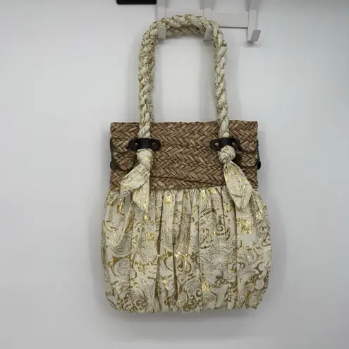 Sun 'N Sand Woven Straw Fabric Gold Metallic Tote Bag Boho Chain Chic Brown