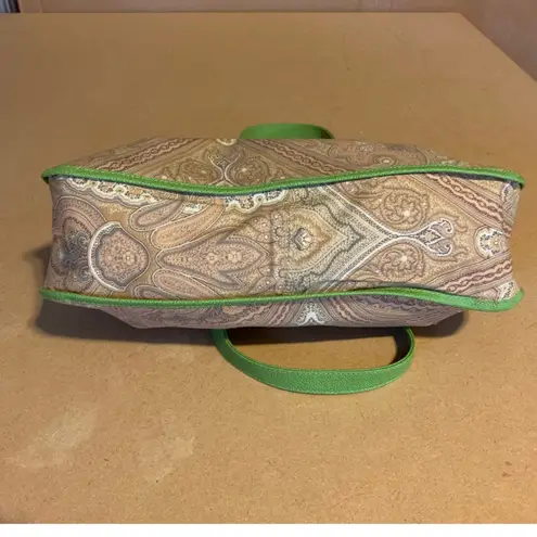 ETRO GREEN FAUX LEATHER TRIM W/TAN & GRAY COTTON PAISLEY PRINT BODY SATCHEL BAG