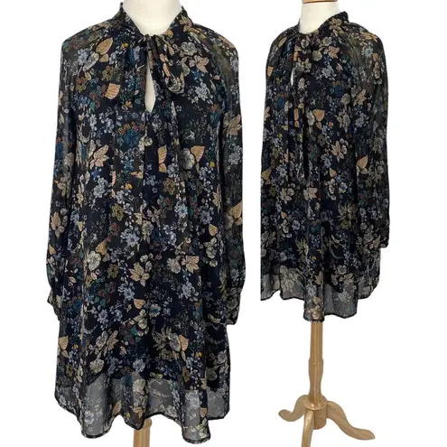 Moon River Mini Dress Tie Bow Neck Navy Allover Floral Print Womens Medium