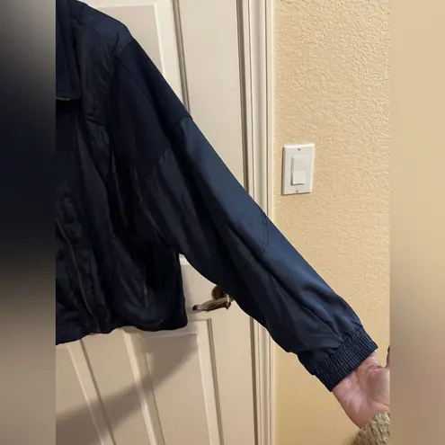 Lavon Vintage Womens Silk Bomber Zip Jacket Pockets Navy Blue XL