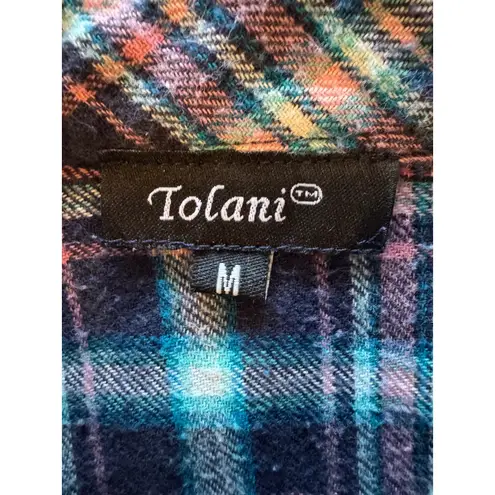 Tolani Shirt Women Medium Blue Pink Plaid Flannel Button Down Mandala Back Boho