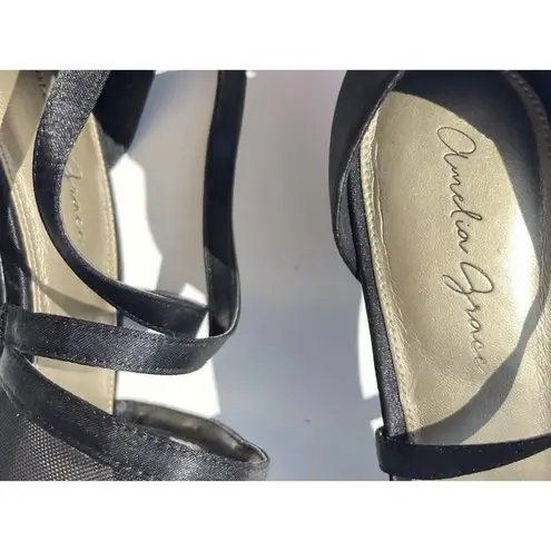 Amelia Grace Shoes Women’s Size 10 Palm Print Fabric Heels Slip On Open Toe Heel Black