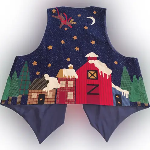 Festive Faux Patchwork Christmas Holiday Vest Santa Reindeer Snowy Village L/XL Blue