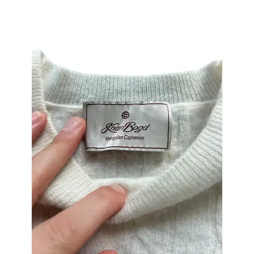 Khan Bogd Mongolian Cashmere Cable Knit Puff Sleeve Sweater Cream Ivory Size S White