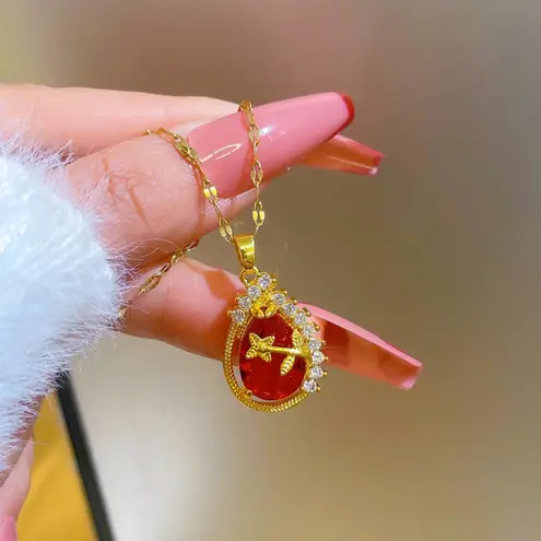 18K Gold Plated Birthstone Crystal Flower Teardrop Ruby Pendant Necklace for Women