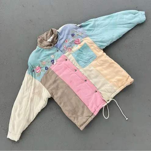 80s 90s pastel tie dye watercolor color block quilted jacket floral embroidery Size XL