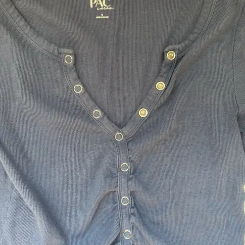 Y2K PAC Sun Blue Ribbed Snap Button Long Sleeve Crop Top Henley Shirt Sz Small