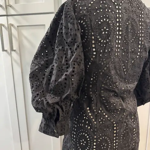 Ganni  Black Eyelet Puff Sleeve Button Up Mini Shirt Dress Size 38