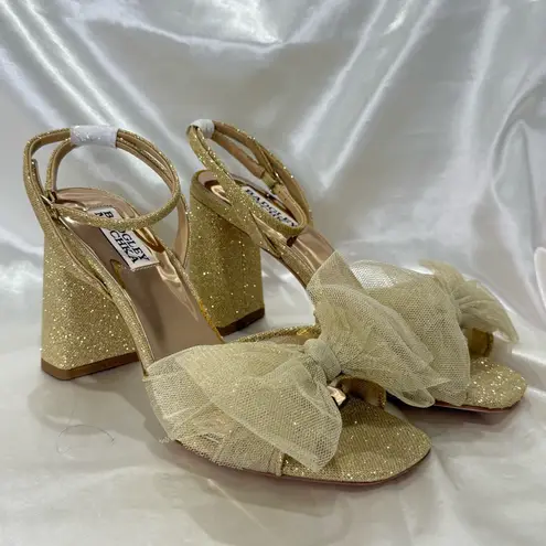 Badgley Mischka Tess Tulle Bow Sandals Heels 6.5 Gold Glitter Party Coquette New