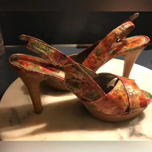 Kelly & Katie  Sandals Heels Shoes Women8.5 Orange Pink Floral Daisy Slin…