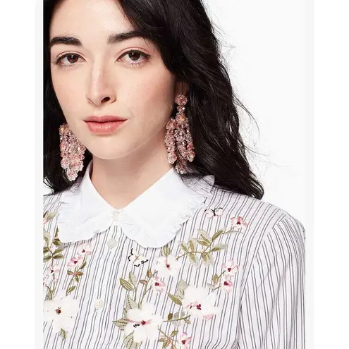 Kate Spade Floral Embroidered Striped Ruffle Top XL Button Up Cotton Preppy White