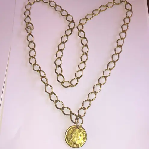 Vintage Aged Gold Brass Tone Chunky George Washington Faux Coin Boho Necklace