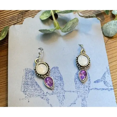 Chic Round Faux Pearl with Purple Sparkle Teardrop Stone Silver Fashion Earrings