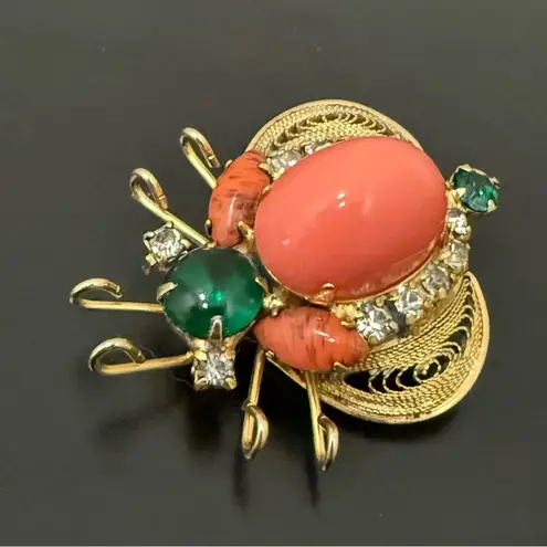 Rare Juliana Delizza & Elster Faux Coral Cabochon Rhinestones Beetle Bug Brooch Orange
