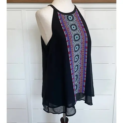 Daniel Rainn Mock Halter Neck Sheer Layered Pattern Sleeveless Blouse