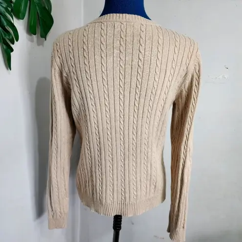 IZOD Cotton Cable Knit Crewneck Sweater Tan with Pink