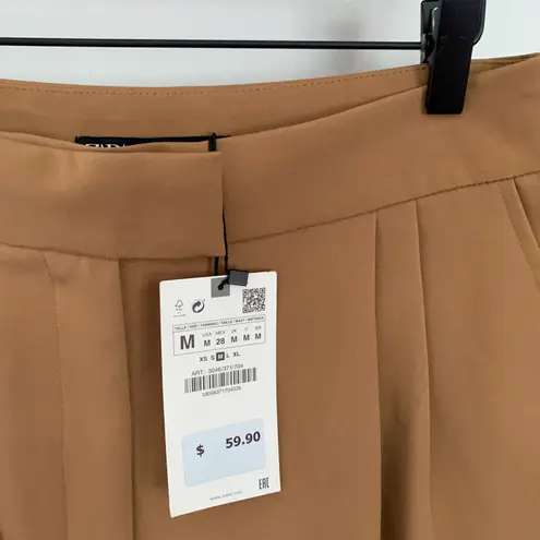 ZARA Medium NEW Wide Leg Pleated Cuffed Trousers Pants Camel