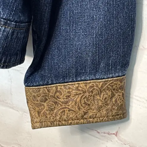 Coldwater Creek 3X Denim Jacket Blue Gold Paisley Faux Leather Trim Western Boho